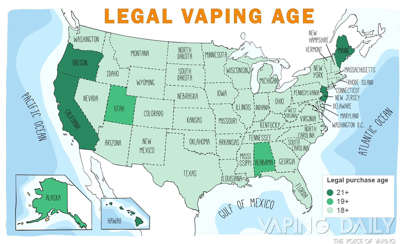 各州法定吸电子烟年龄地图